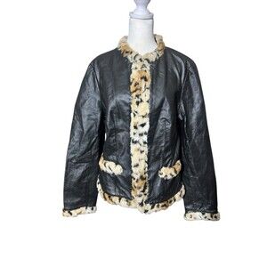 Y2K Metrostyle Leather Jacket Faux Fur Trim Cheetah Leopard Womens Size 14 Rare